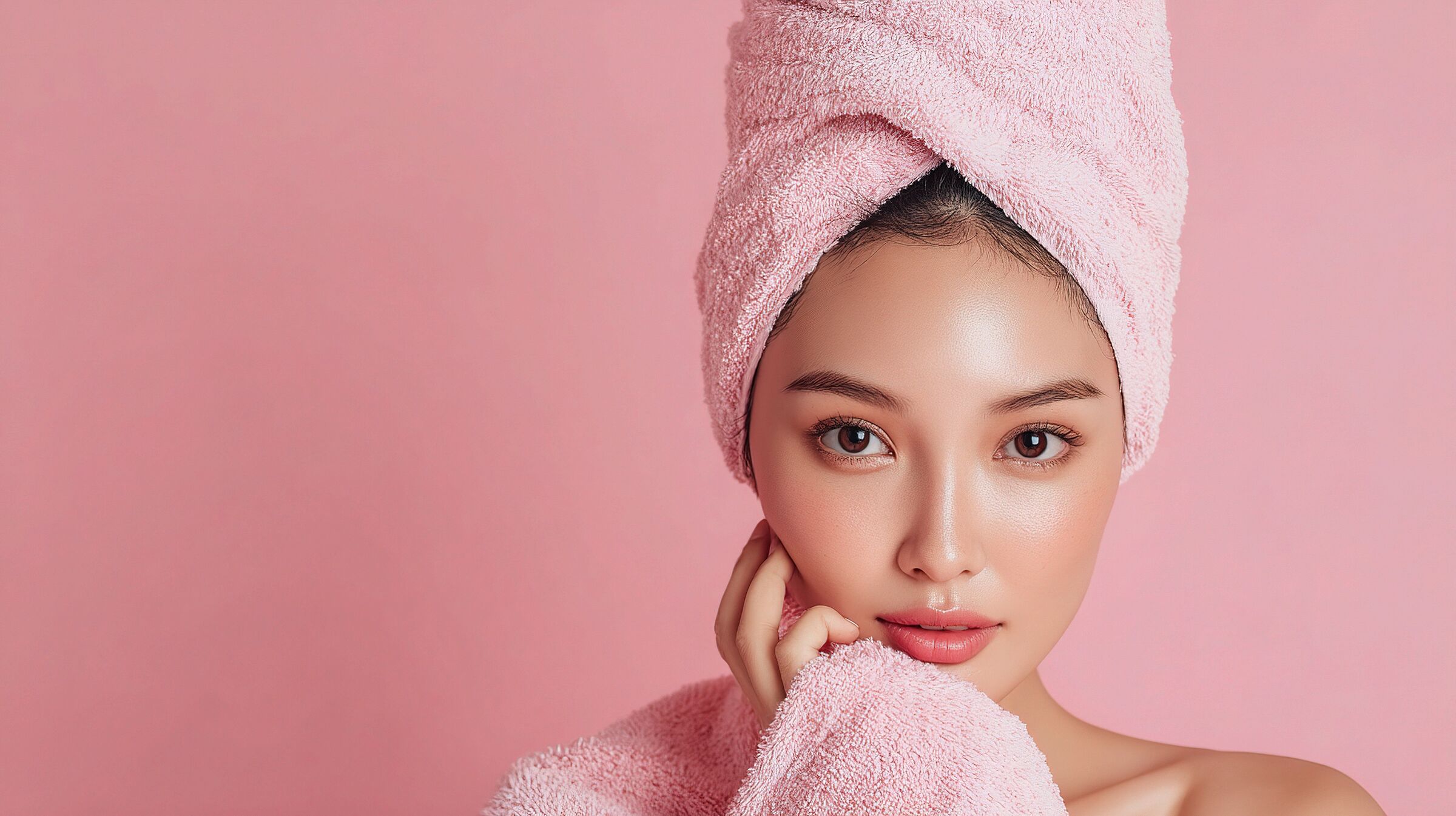 Woman with a pink towel wrapped around her hair